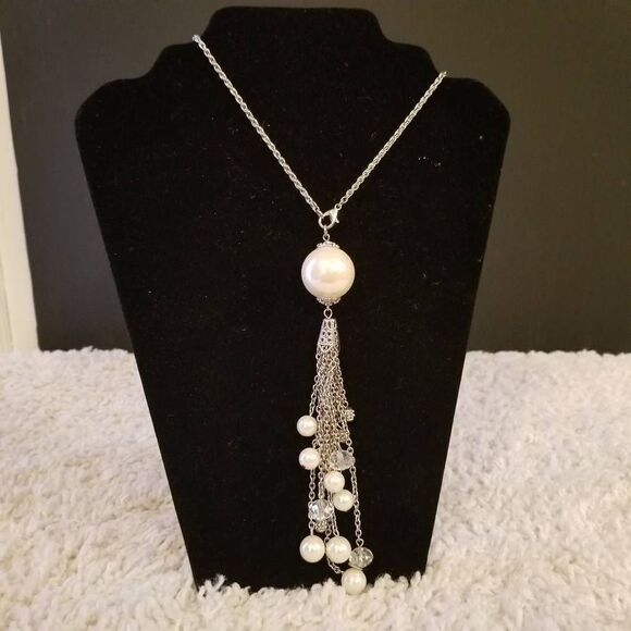 Long Silver + Pearl Tassel Necklace - Picture 1 of 7